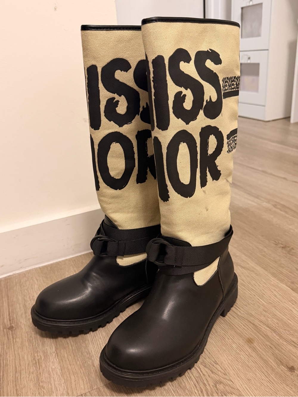 Dior Black Leather & Beige Canvas Knee Boots with 'Miss Dior' Print - Picture 2 of 9